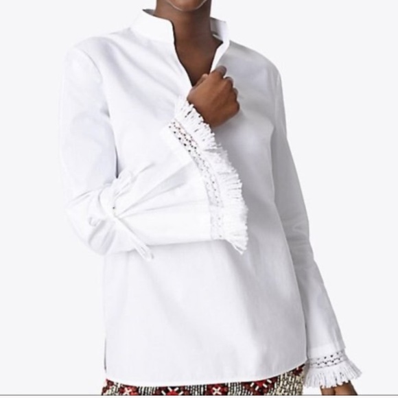Tory Burch Tops - Tory Burch Sophie Fringe-Trim Bell Sleeve Top White Size 6 Designer Cloud Dancer